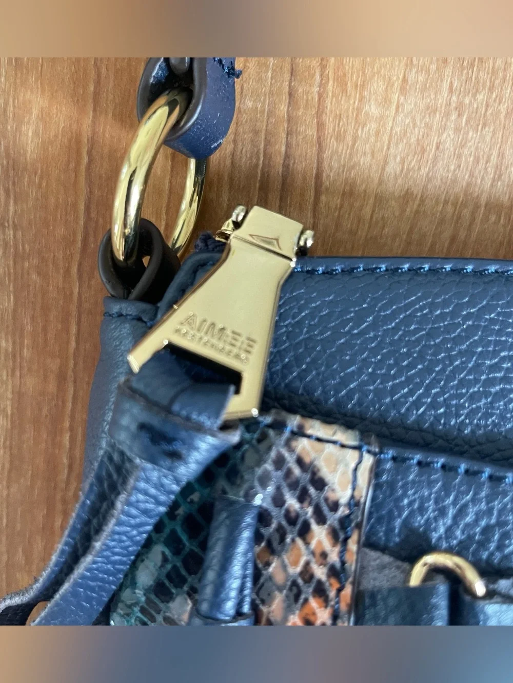 Aimee Kestenberg Blue Leather Crossbody Purse Snakeskin Gold Chain Boho Western